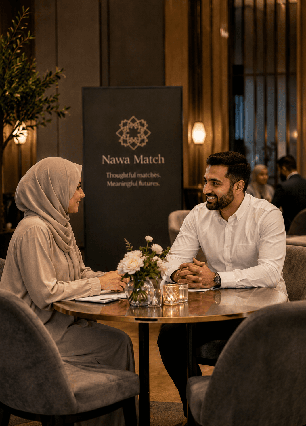 An elegant Muslim couple meeting at a Nawa Match event